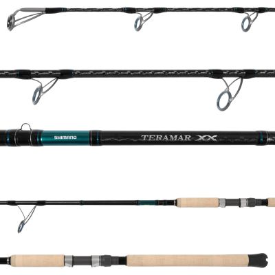 Shimano Teramar XX SE Spinning Rod TXESX80XH showing all sections of the rod. Black reflective blank, silver-colored guides facing down, cork grips and black reel seat with black rubber butt.