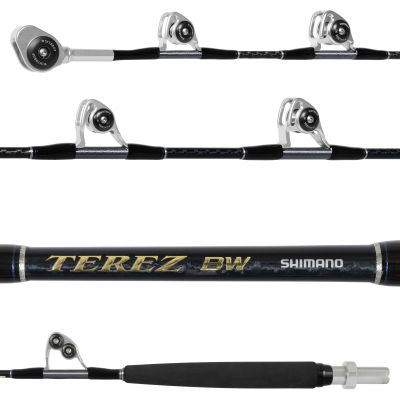 Shimano Terez BW TZBW48XHFRUBA All Roller Stand-Up Conventional Rod showing all sections of rod. Black EVA grip, black reflective blank with black and silver-colored wrappings, silver-colored guides facing up