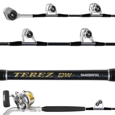 Shimano Terez TZBW48XHFRUBA and Talica TAC50IIA All Roller Stand-Up Combo with black patterned rod, silver-colored roller guides facing up, gold TEREZ BW text, SHIMANO logo, silver reel with gold spool, black foregrip.