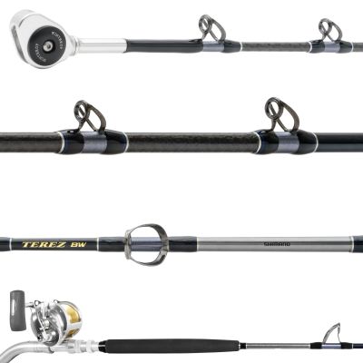 Shimano Terez BW & Talica A High-Speed Trolling Combo with silver/gold reel attached. Black blank with silver and gray wrappings, dark gray guides facing up and silver-colored roller tip. 