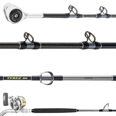 Shimano Terez BW & Talica A High-Speed Trolling Combo with silver/gold reel attached. Black blank with silver and gray wrappings, dark gray guides facing up and silver-colored roller tip. 
