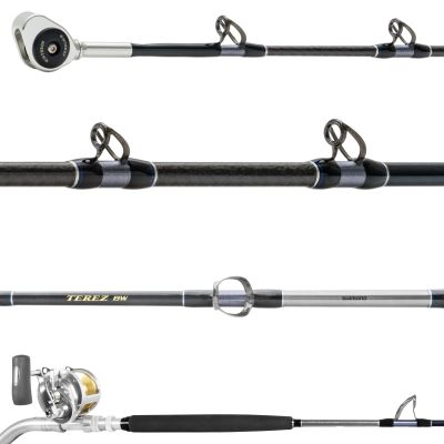 Shimano Terez BW & Talica A High-Speed Trolling Combo with silver/gold reel attached. Black blank with silver and gray wrappings, dark gray guides facing up and silver-colored roller tip. 