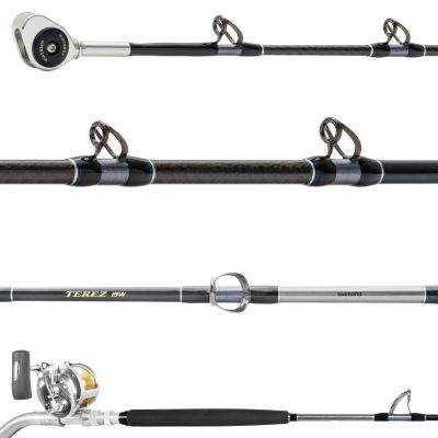 Shimano Terez BW & Talica A High-Speed Trolling Combo with silver/gold reel attached. Black blank with silver and gray wrappings, dark gray guides facing up and silver-colored roller tip.