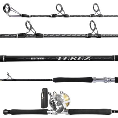 Shimano Terez C70XH & Shimano Talica 25IIA Trolling Combo showing all rod sections. Silver and gold-colored reel on silver reel seat. Black EVA handles, and black blank. Silver-colored guides facing up.