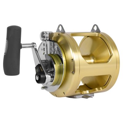 Shimano Tiagra A TI130A Conventional Reel angled view showing wide gold-colored open spool frame, black handle, and dual-speed chrome gearing.
