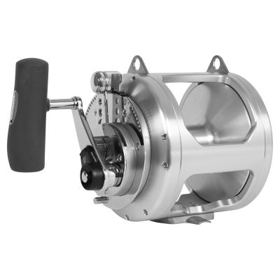 Shimano Tiagra A TI130A-SI Conventional Reel 3/4 handle side view showing silver-colored open frame, large spool, and black handle with chrome arm.