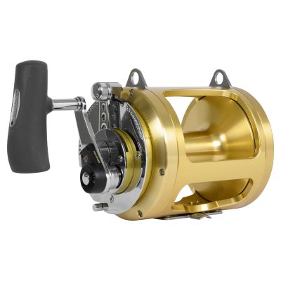 Shimano Tiagra A TI80WA Conventional Reel with large gold-colored open spool frame, black handle, chrome arm, and “TWO SPEED” and “PUSH HIGH” text.