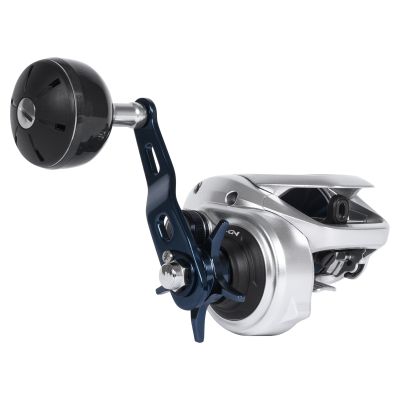 Shimano Tranx 400AHG Baitcasting Reel, shown from 3/4 handle side. Features silver body with dark blue handle arm, round power knob in black and silver, dark blue drag star, and visible &ldquo;Hagane&rdquo; logo on gear housing.