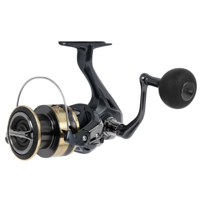 Shimano Ultegra FD ULTC5000XGD Spinning Reel. 3/4 View Handle Side. Black color with gold on outside of spool. Text on side of spool, Ultegra C5000XG.
