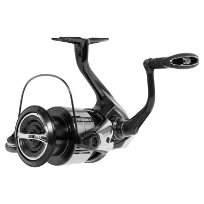 Shimano Vanquish VQ4000XGC Spinning Reel three quarter handle side view showing lightweight black spinning fishing reel with spool bail arm and ergonomic handle knob.
