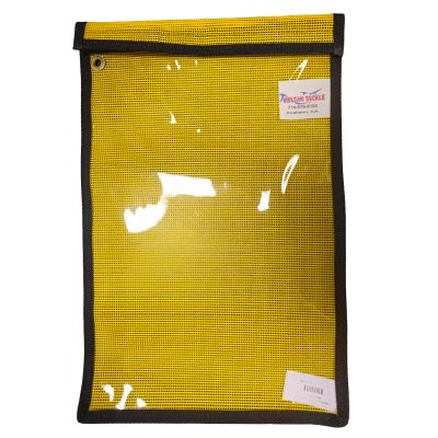 Melton Tackle Single Pocket Lure Pouche in yellow with black outer trim with clear front and mesh back. Gold-colored ring on top left and white melton tackle label on top right.