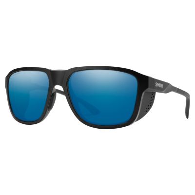 Smith Embark Sunglasses - Matte black-frame sunglasses with mirrored blue lenses, &ldquo;ChromaPop&rdquo; text on the right lens, &ldquo;SMITH&rdquo; logo on the temple, and perforated side shields. Rounded rectangular shape with full rim.