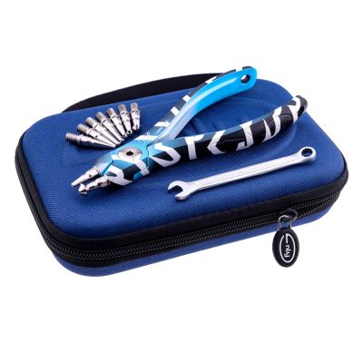 Toit Fishing Split Ring Pliers AL Kit in blue color with white thick stripes. Silver-colored multiple interchangeable tips and a small wrench is visible next to a blue zippered carrying case.