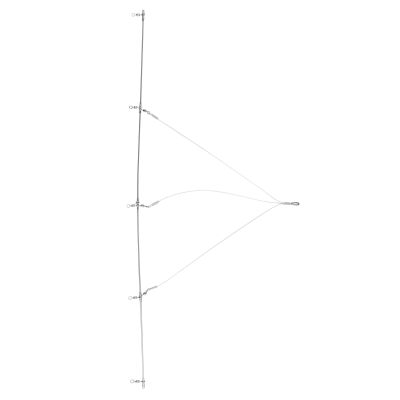 Squidnation Spreader Bar with a silver-colored metal bar and five dropper arms, each featuring swivels and loops. Three support wires connect to a central loop for mainline attachment.