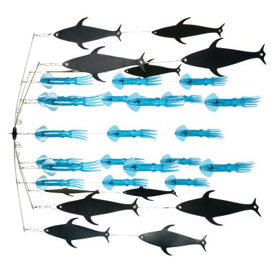 Squidnation Blackflap Dredge in Blue Sparkle with multiple blue squid teasers and black fish-shaped flaps arranged across a multi-arm dredge frame.