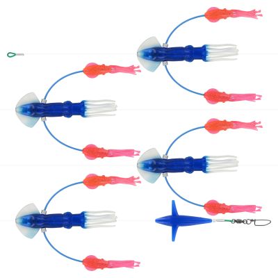 Squidnation Flippy Floppy Thing Daisy Chain in Electric Blue & Pink. Four electric blue squids with translucent tentacles, each flanked by two pink-orange glow squids attached by blue arms. Ends with a blue Tuna Bird and silver-colored swivel clip.