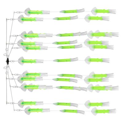 Squidnation Squid Dredges in electric blue with 6-arm metal spreader bar rigged with 36 soft plastic squid. Each squid features a translucent blue body, wide wings, and white tentacle tips.