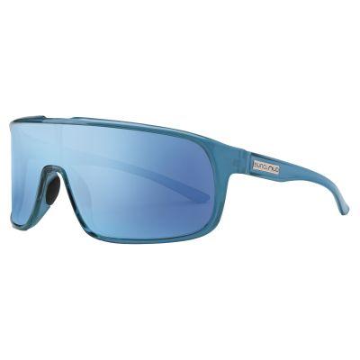 Suncloud Double Up Sunglasses - Translucent blue shield-style sunglasses with mirrored blue wraparound lens, silver-tone SUNCLOUD logo plaque on the outer left temple, and black nose pads. Single-lens design with full rim.
