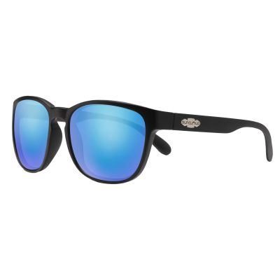 Suncloud Loveseat Sunglasses - Matte black-frame sunglasses with mirrored blue lenses, silver-tone SUNCLOUD logo plaque on the outer left temple, and rounded full-rim shape with thick arms and integrated nose pads.