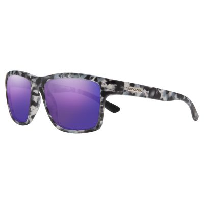 Suncloud Polarized A-Team Sunglasses with purple mirrored lenses, black and white marbled rectangular frame, and wide arms. A silver-toned "SUNCLOUD" badge appears on the left temple.