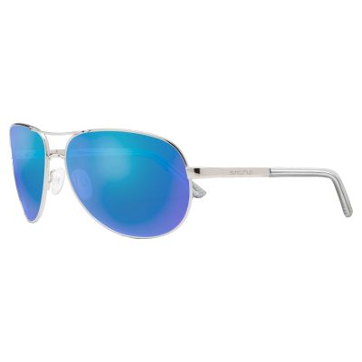 Suncloud Polarized Aviator Sunglasses with mirrored blue lenses, silver aviator-style frame, and thin silver arms. "SUNCLOUD" appears on the left temple near the hinge.
