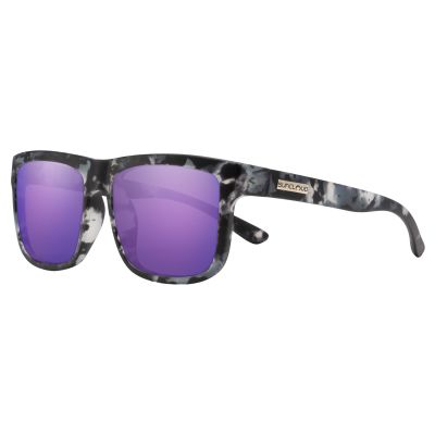 Suncloud Polarized Quiver Sunglasses with purple mirrored lenses, black and white marbled rectangular frame, and wide arms. A silver-toned "SUNCLOUD" badge appears on the left temple.