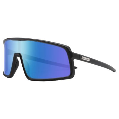 Suncloud Upshot Sunglasses - Wraparound black sunglasses with a single shield lens in a light blue to deep blue gradient, silver-tone SUNCLOUD logo plaque on the outer left temple, and black rubberized nose pads.