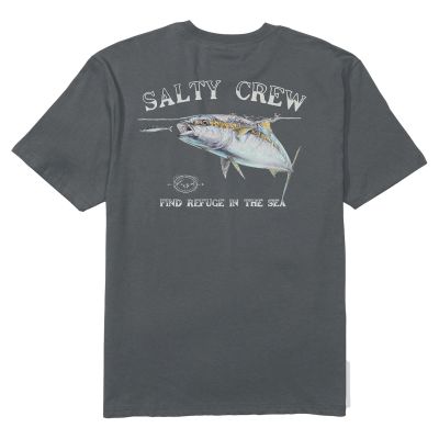 Back view of the Salty Crew Surface Classic T-Shirt in charcoal gray featuring a large illustrated tuna fish chasing bait. Text above and below reads “SALTY CREW” and “FIND REFUGE IN THE SEA.”