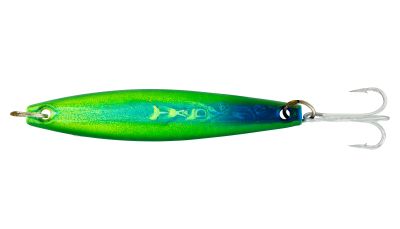 Tady 4/0 Heavy Iron &ndash; Mahi, a slim jig with a bright green back fading to blue along the center, embossed &ldquo;TADY 4/0,&rdquo; front split ring, and rear treble hook.
