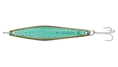 Tady 45 Iron - Turquoise/Brown Crackle metal fishing spoon lure with a turquoise crackle finish, brown edges, a silver-colored treble hook, and embossed text "TADY 45."