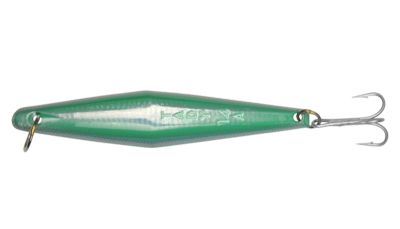 Tady 14A Light Iron – Mint Mirror Glow, a slim green metallic jig with reflective mint center, hex-pattern edges, embossed “14A” text, front split ring, and rear silver-colored treble hook.