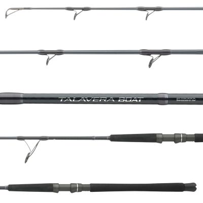 Shimano Talavera Boat D Spinning Rod shown in multiple close-up views highlighting the rod blank, line guides, EVA handle, and reel seat.