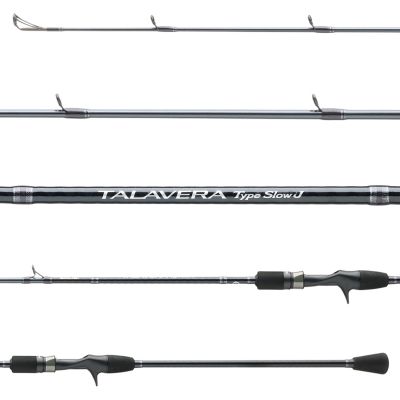 Shimano Talavera Type Slow J A Slow-Pitch Jigging Casting Rod shown in multiple close-up views highlighting the rod blank, line guides, EVA handle, reel seat, and trigger grip.