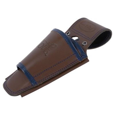 Toit Double Deckhand Sheath, brown with blue stitching and pocket accents, 3/4 view.