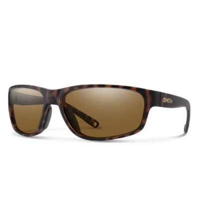Smith Redding 2 Sunglasses, 3/4 view, matte brown and black tortoise pattern frame, brown lenses, rectangular shape with slightly rounded corners, "SMITH" gold-colored on temple  