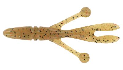 Toxic Baits Old Man River Jr Baits 8pk Watermelon Red, top view, green-colored and yellow-colored soft plastic creature bait with segmented body, red and black flake pattern, two split claw tails and two side appendages ending in rounded ball tips