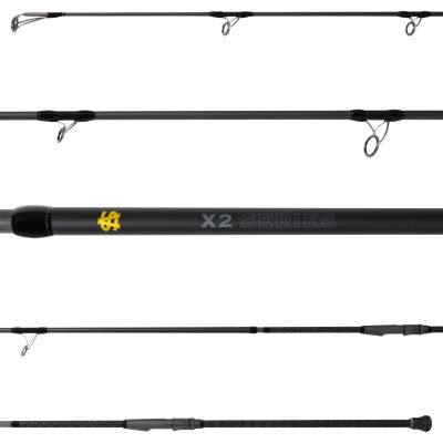 Van Staal X2 Series Surf Spinning Rod - VSX2-11MH showing all sections of rod, including rubber butt, black handle, reel seat, black blank with silver-colored guides facing down