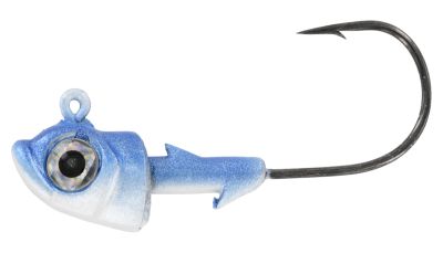 Viking Heads Finesse Head in Blue Bait Fish color with a two-tone blue and white fish-shaped jig head, large holographic eye, and upward-facing hook.