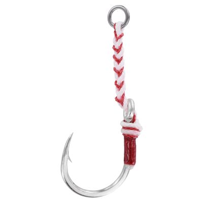 VMC Fishfighter 11/0 Assist Hook, silver-colored single hook with barbed point, red heat-shrink tubing, braided white and red cord, and metal ring.