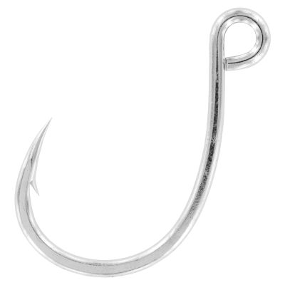 VMC Inline Single Hook, silver-colored metal hook with curved shank, barbed point, and open inline eye loop.