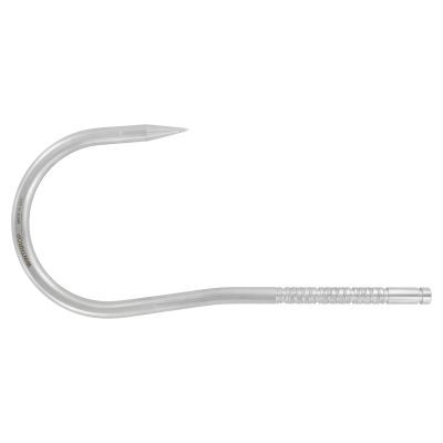 Winthrop Tackle Gaff J-Hook, 5" hook spread, 1/2" diameter, shown in a side view on white. Stainless steel fishing gaff with a sharp tip, curved shank, textured handle, and rounded end.