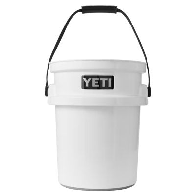 Yeti LoadOut 5-Gallon Bucket - White, white utility bucket with a black carry handle and black YETI logo on the front.