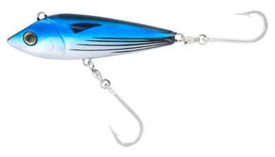 Yo-Zuri Bonita Sinking Lure - Skip Jack Tuna blue and white fishing lure with black striped details, large eye accents, and two silver-colored single hooks attached with swivels.