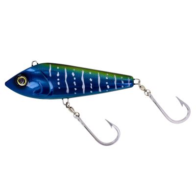 Yo-Zuri Bonita Sinking Lure in Wahoo color, featuring a blue body with a green top, white vertical stripes and spots, large eye detail, and two attached hooks on a plain background.