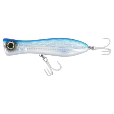 Yo-Zuri Bull Pop Floating - Holographic Blue topwater fishing lure with a holographic white body, bright blue back, reflective scale pattern, large eye detail, and two silver-colored treble hooks.