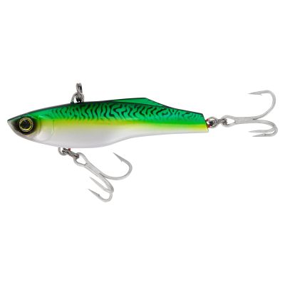 Yo-Zuri High Speed Vibe Lure - Mackerel, lipless fishing lure with a green back featuring black mackerel stripes, yellow-green sides, a white belly, large eye, and two silver-colored treble hooks.