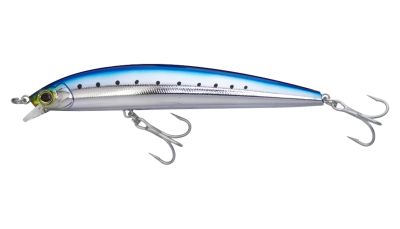 Yo-Zuri Hydro Minnow LC Sardine, side view of a slim minnow fishing lure with silver-colored body, blue-colored top, row of dark spots along the sides, clear lip, yellow eye, and two silver-colored treble hooks