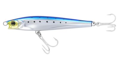 Yo-Zuri Hydro Monster Shot Sinking Lure - Sardine with silver-colored body, blue back, yellow head accent, black dotted lateral line, large eye detail, front line tie, and two treble hooks on a slim baitfish-shaped design.