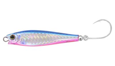 Yo-Zuri Hydro Monster Shot Sinking Lure in holographic silver-colored finish with blue top, pink underside, detailed fish eye, and single silver-colored assist hook.