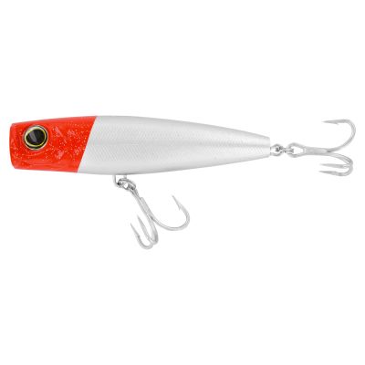 Yo-Zuri Hydro Popper Floating - Red Head, floating popper fishing lure with a red head, white body, large yellow-ringed eye, cupped face, and two silver-colored treble hooks.
